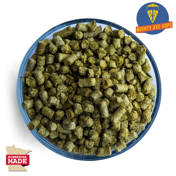 Minnesota Julius Hop Pellets in a display bowl alongside the Mighty Axe Hops logo