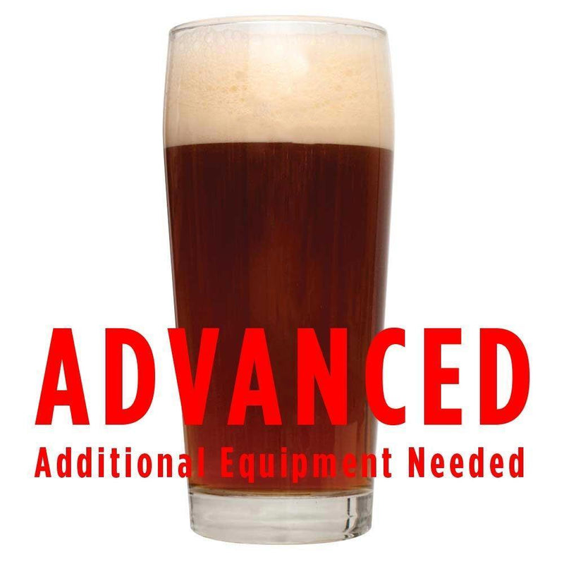A drinking glass filled with Private Rye Undercover Brown Ale with a customer caution in red text: "Advanced, additional equipment needed" to brew this recipe kit