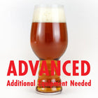 The Plinian Progeny homebrew in a glass with a customer caution in red text: 