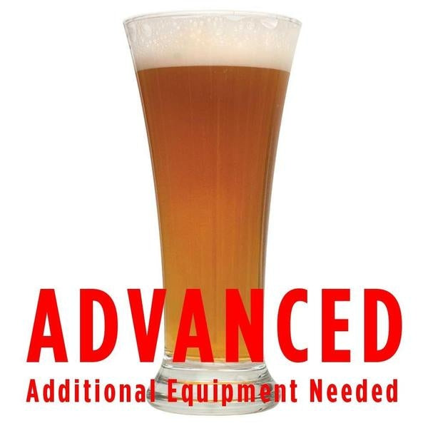 Obi Ron's Wheat in a glass with a customer caution in red text: "Advanced, additional equipment needed" to brew this recipe kit