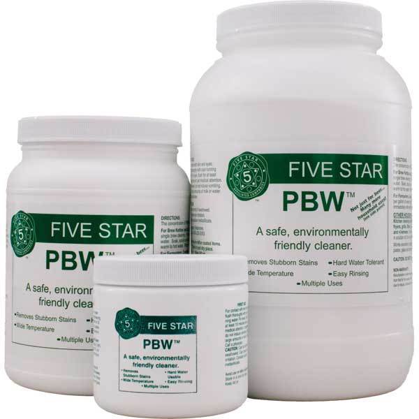 PBW Powdered Brewery Wash in three differently-sized containers