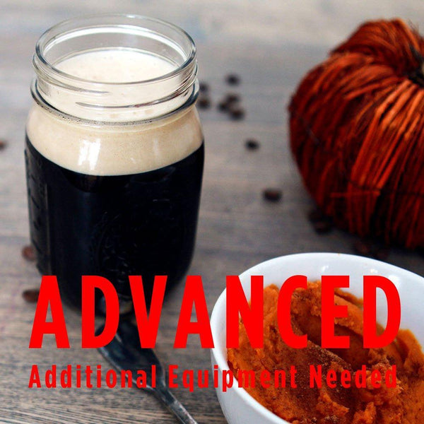 pumpkin spice latte stout in a mason jar with a customer caution in red text: "Advanced, additional equipment needed" to brew this recipe kit