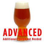 Swig of Sunbeams IIPA in a tall glass with a customer caution in red text: "Advanced, additional equipment needed" to brew this recipe kit