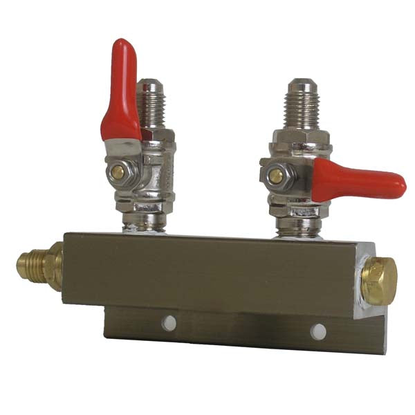 2 Way 1/4" MFL CO2 Distributor, with one valve open and the other closed