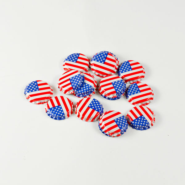 US Flag Bottle Caps in a pile