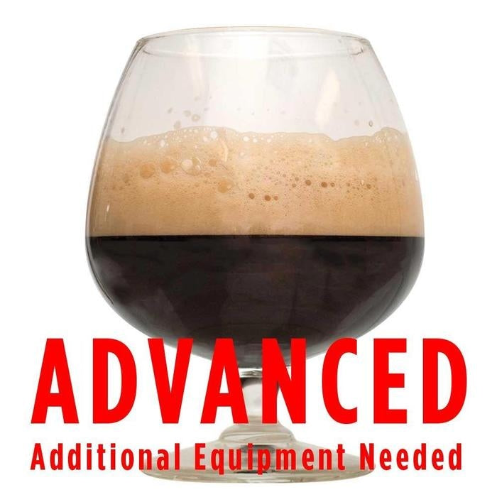 Peanut Butter Cup Stout in a glass with a customer caution in red text: "Advanced, additional equipment needed" to brew this recipe kit